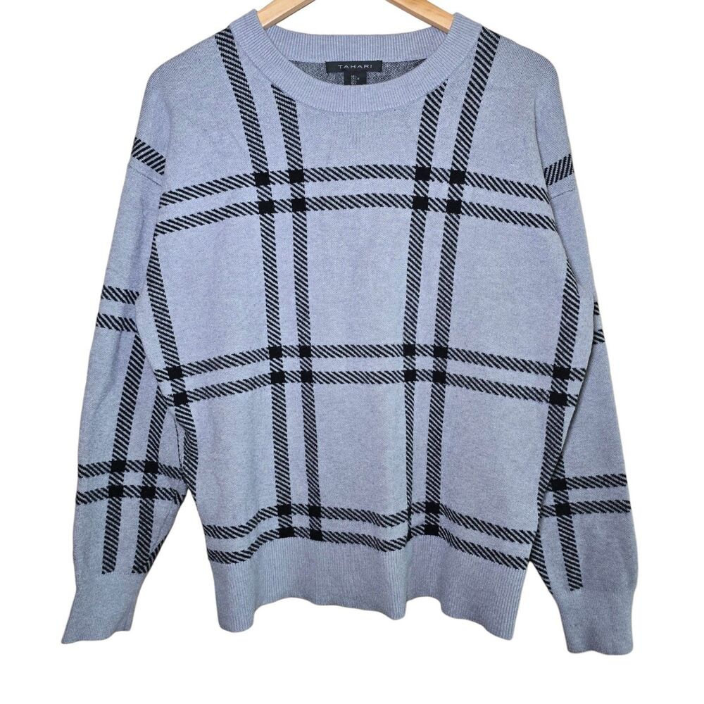 Tahari Light Gray Plaid Crewneck Pullover Sweater Knit Womens Large Stretch